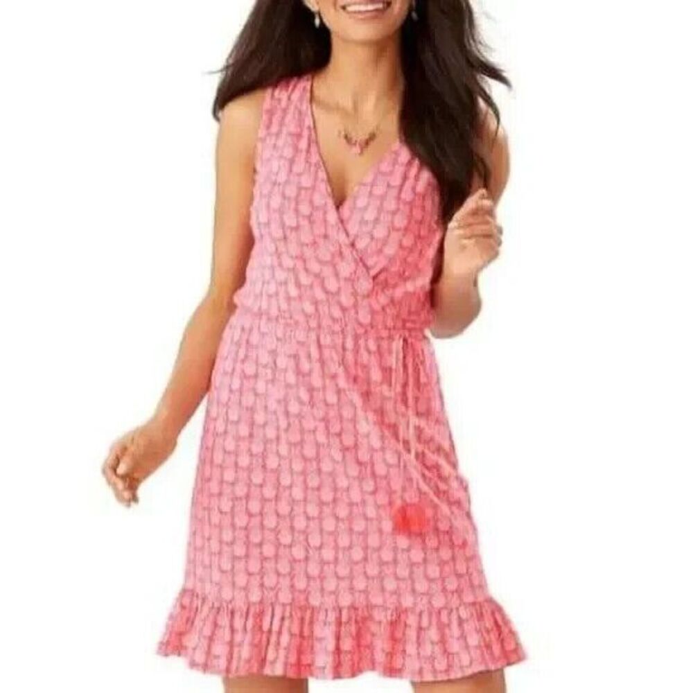 Tommy Bahama Women's Coral Pineapple Print Surplice Neck Wrap Dress Size…